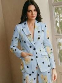 Anewsta Women\'s Fashionable High-End Polka Dot Floral Cinched Waist Blazer, Suitable For Going Out Office, Party, Formal Occasions Blue Polka Dot | SHEIN USA at Shein